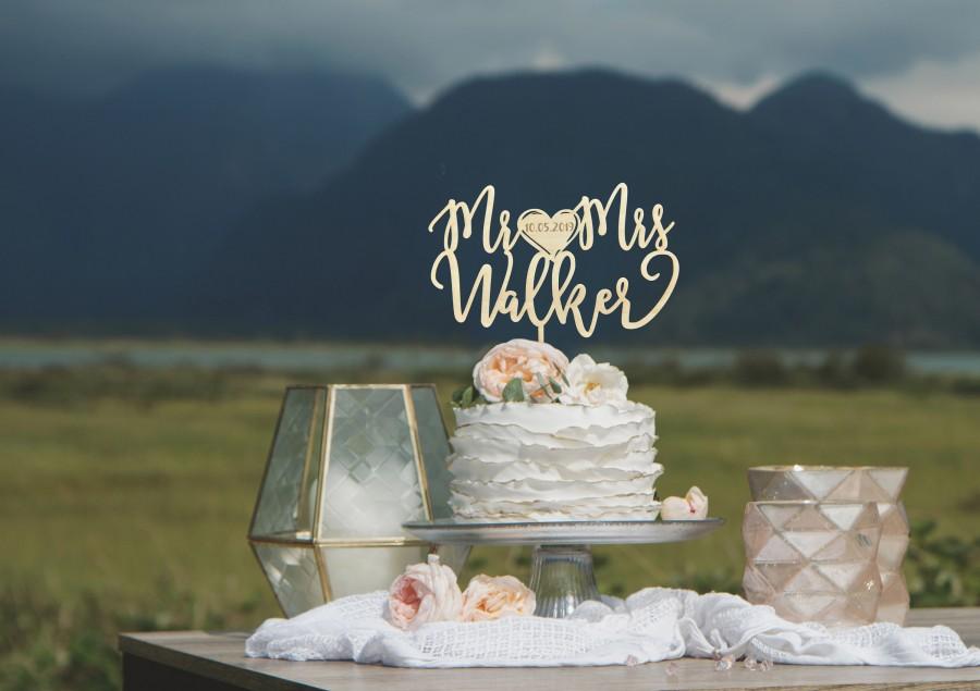 Wedding - Engraved Wedding Cake Topper, Wooden Cake topper with Initials and Engraved Wedding Date