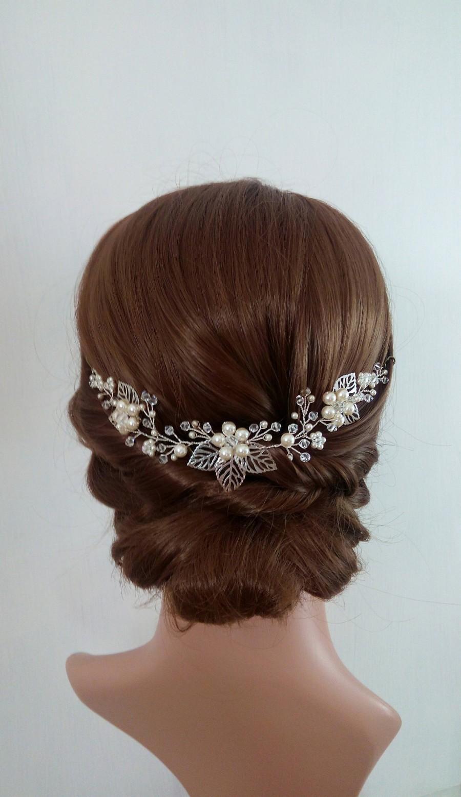 Свадьба - Silver Wedding Hair Piece for Wedding, Pearl Wedding Head Piece Leaf Hair Vine - Lea