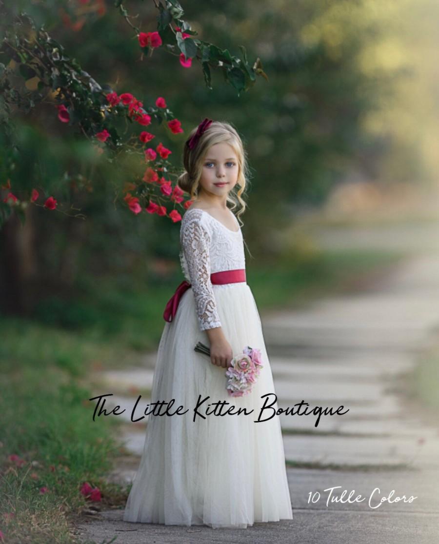 Mariage - tulle flower girl dress, rustic lace flower girl dresses, long sleeve flower girl dresses, boho flower girl dress, ivory flower girl dress