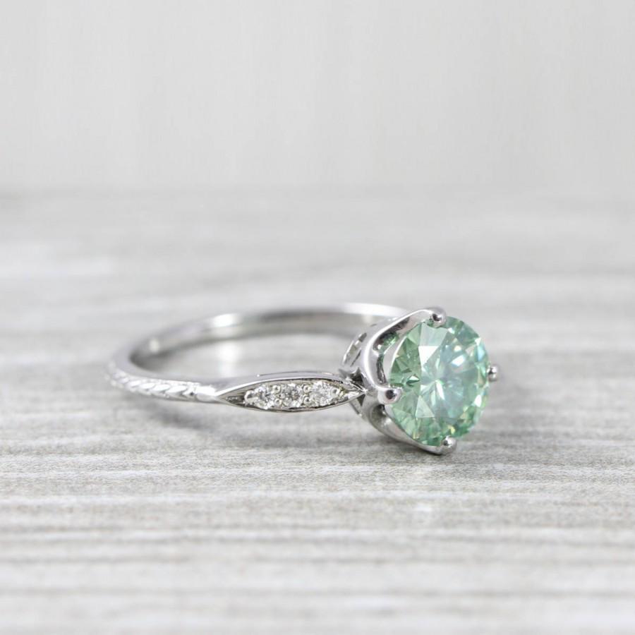 Mariage - Mint green Moissanite and diamond art deco 1920's inspired engagement engraved thin ring handmade in gold or platinum