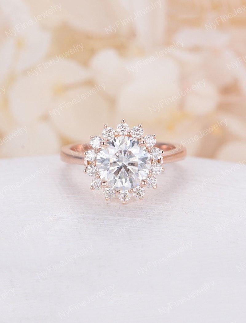 Hochzeit - Moissanite engagement ring women vintage rose gold Unique halo antique Cluster Flower Bridal Jewelry Floral promise Anniversary gift for her