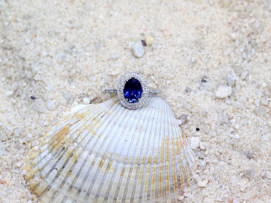 زفاف - Blue Sapphire & Diamonds Oval Double Halo Engagement Ring Urania 2ct 8x6mm Custom Size White-Yellow-Rose Gold-10k-14k-18k-Platinum