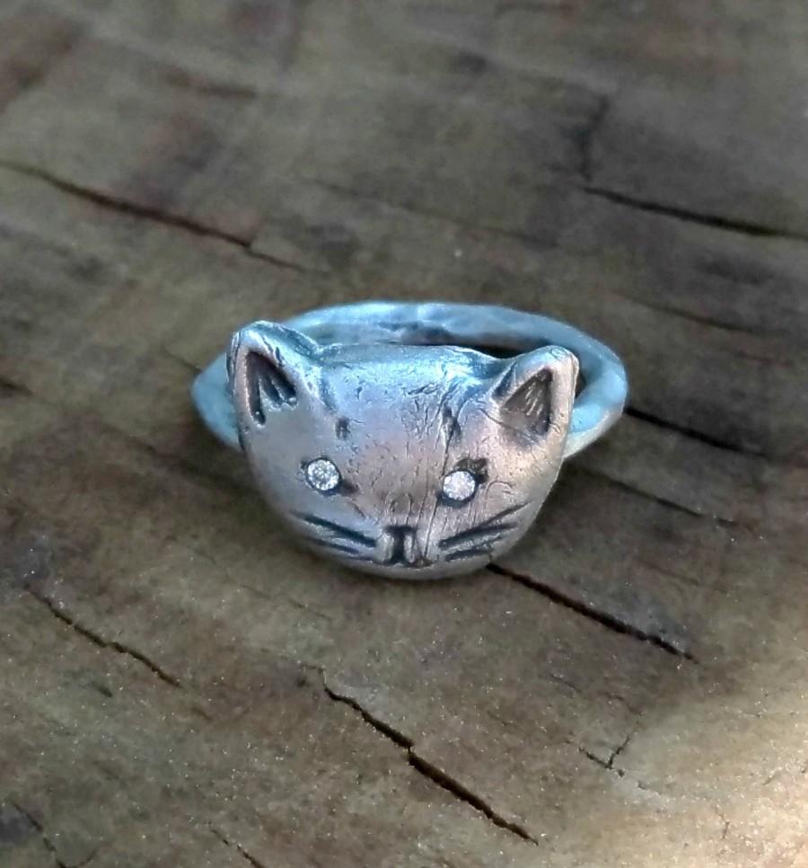 زفاف - Cat Ring, Diamond kitty Ring, engagement ring, stackable ring, silver and diamond cat ring, cat jewelry, animal jewelry