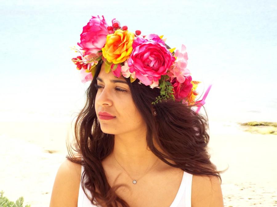Wedding - Big pink peonies headpiece, Mexican flower crown, Colorful hair accessories, Festival floral headband, Lana del Rey
