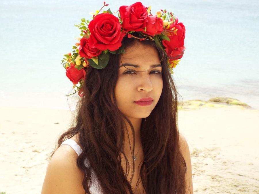 Hochzeit - Red flower crown, Big wedding hair accessories, Festival floral headband, Red roses bridal headpiece, Lana del Rey