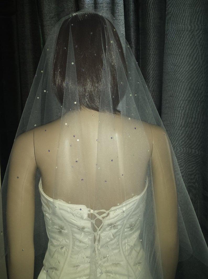 Wedding - Ivory drop veil. No gather veil. Cut edged scattered with Swarovski crystals in heavy at centre to light outer design. Pale ivory or White.