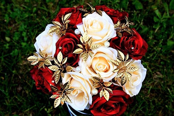 Wedding - Red Rose Bouquet, Ivory Rose Flowers, Gold Red Ivory Flowers, Wedding Flowers, Bridal Flowers, Rose Bouquet, Dark Red Rose Bouquet