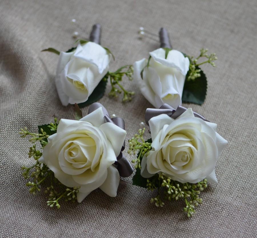 Hochzeit - Ivory Rose Boutonnieres Real Touch Roses Corsages Grey Ribbons- Mother Father Flowers Prom Corsage
