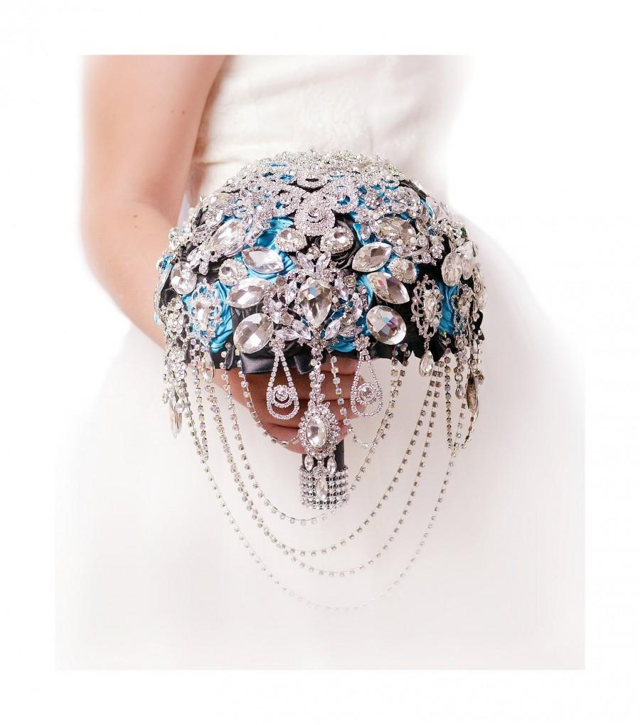 زفاف - Wedding Brooch Bouquet Black Turquoise Crystal Jewelry Vintage Style Jeweled Gatsby 1920s Brida Bouquet to Wedding Dress Bridesmaids Bouquet