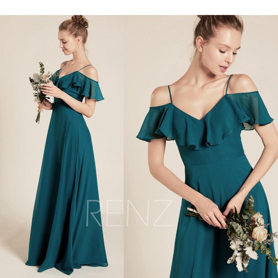 Свадьба - Bridesmaid Dress Forest Green Chiffon Dress Wedding Dress Spaghetti Strap Prom Dress Long V Neck Ruffle Dress Off Shoulder Maxi Dress(H657)