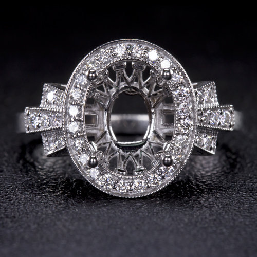 Wedding - Vintage Art Deco Diamond Halo Engagement Ring Setting Oval 10X8 3Ct Semi Mount Geometric Antique Style (9167)