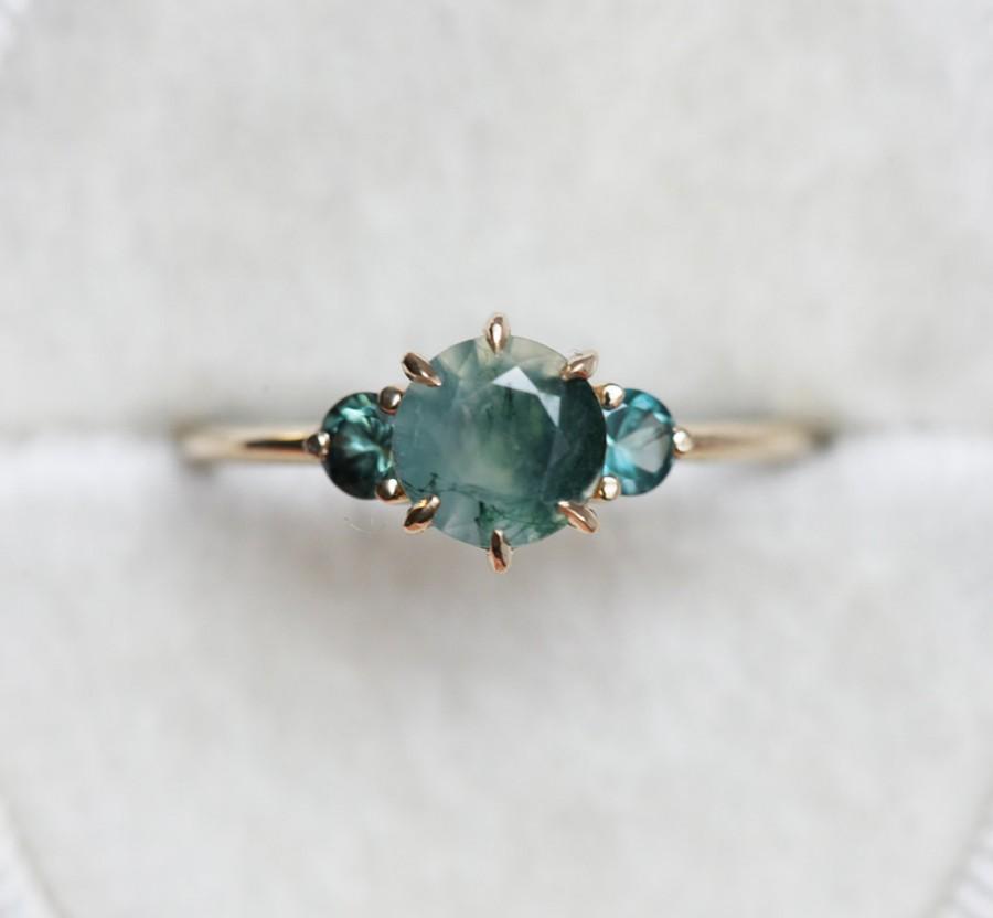 Wedding - Moss Agate Ring with Teal Spphires, Three Stone Ring, Round Moss Ring, Alternative Ring