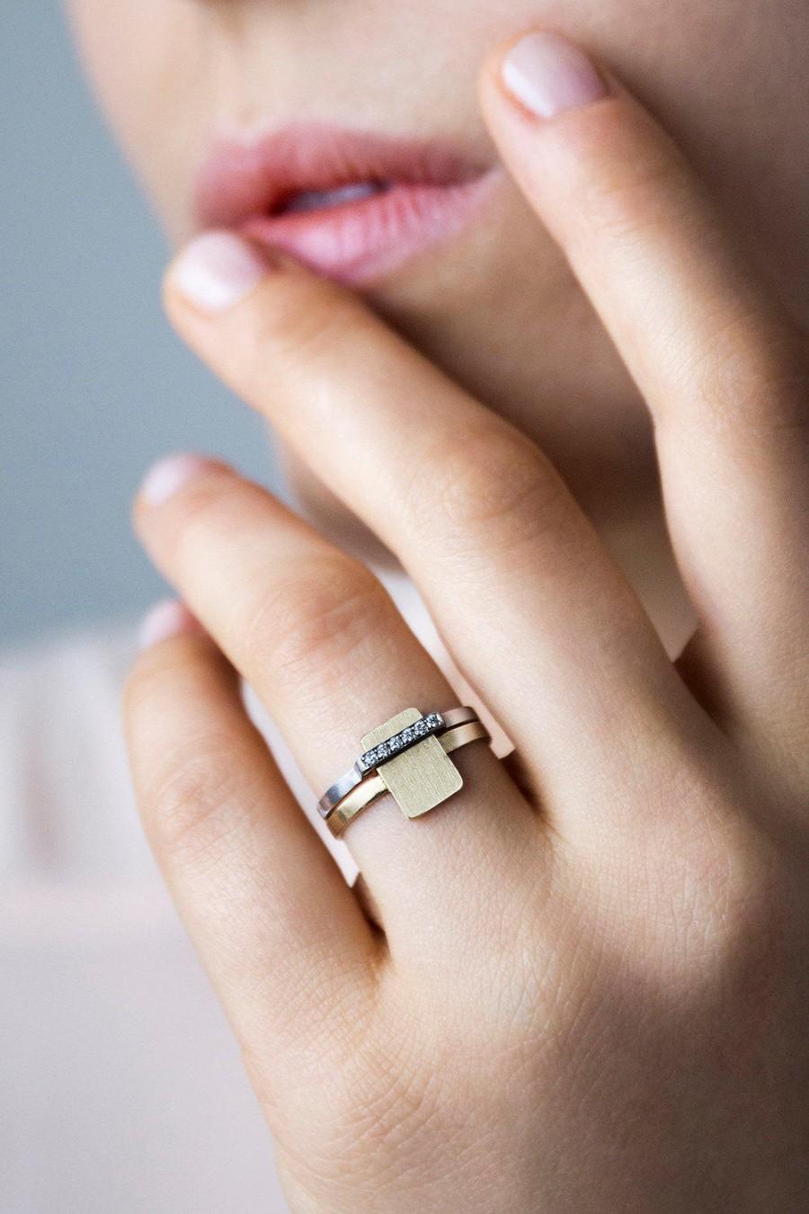 زفاف - Stunning Bridal Ring Set, 14K Gold Ring, Solid Gold Signet Ring, Wedding Ring And White Gold Diamond Engagement Ring, Women Eternity band