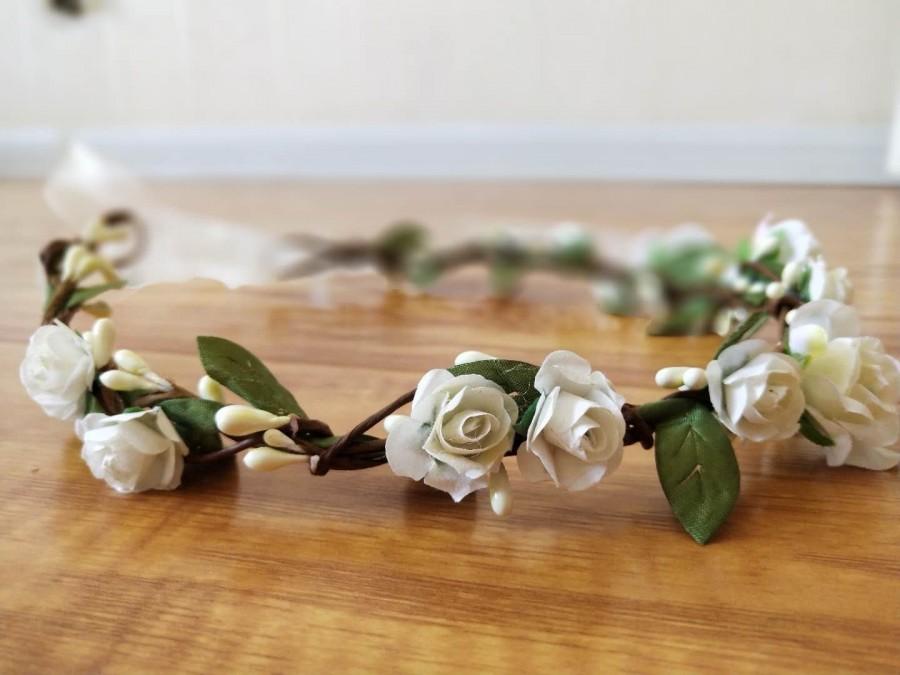 Mariage - Bridal Flower Crown, white flower girl crown, bridesmaid flower crown, Ivory wedding flower crown,Rose flower headband, Bohemian crown