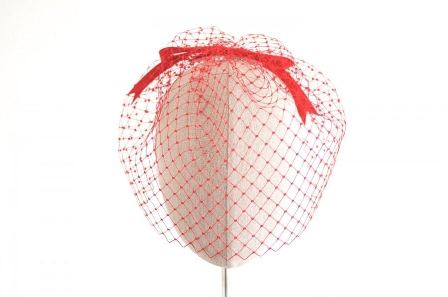 Hochzeit - Red Birdcage Veil Vintage 12 Inch English Veiling Bow Back Alternative Blusher Veil