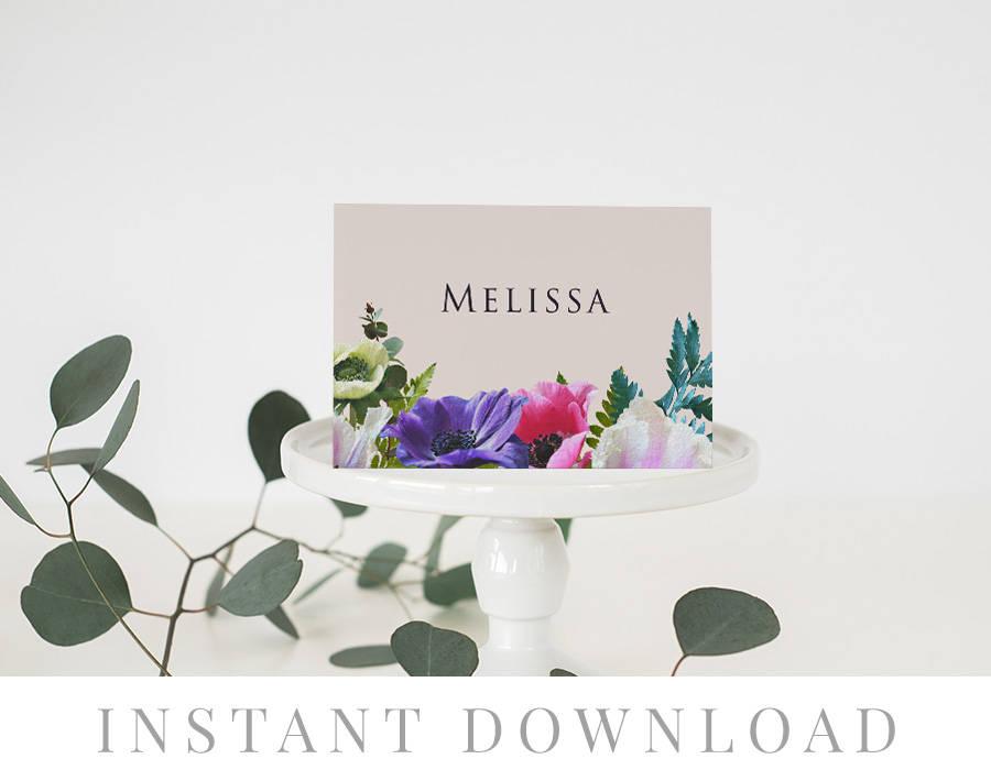 Свадьба - Printable Place Cards INSTANT DOWNLOAD, Wedding Name Cards, DIY Printable Decorations, Templett, Editable pdf, Tent, Bright Floral, Prismo