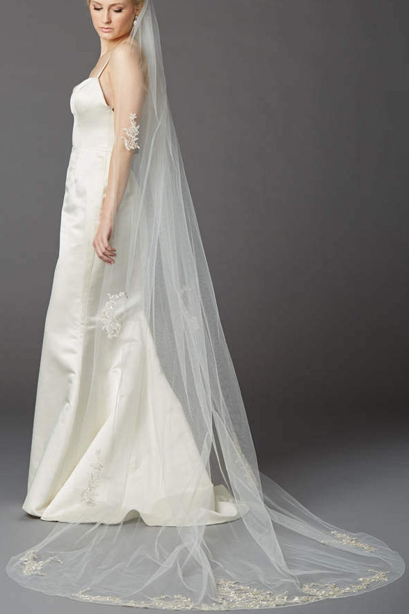 Wedding - Cathedral Length Ivory Veil with Elegant Embellishments and Trim - FREE DOMESTIC SHIPPING!