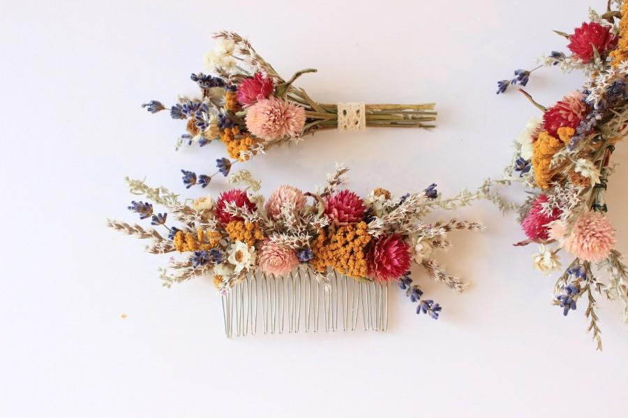 Wedding - Colorful Pink Blush Purple English Lavender Headpiece / Tropical Flower Crown / Dried Floral Wedding Set Hair Comb with matching boutonniere
