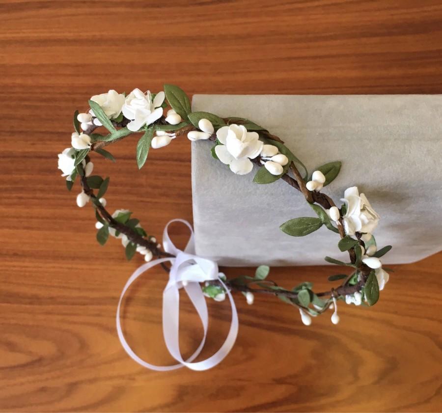Mariage - White green flower crown wedding floral crown wedding headband flower circlet bridal crown wedding hair wreath leaf crown flower girl crown