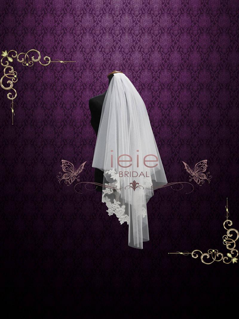 Hochzeit - Short Fingertip Lace Wedding Veil with Blusher 