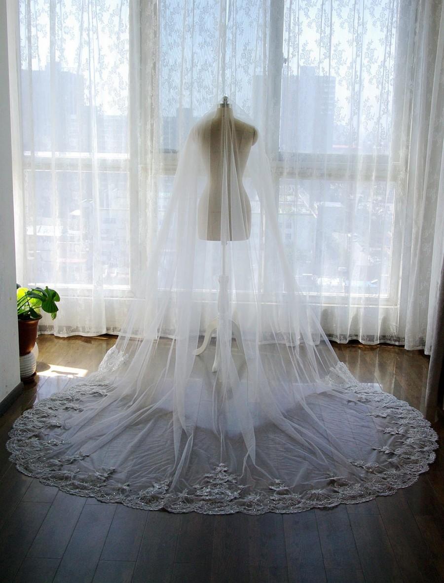 زفاف - Star Shine 1T Cathedral Lace Veil With Comb Off-White/ White Wedding Veil Long Veil