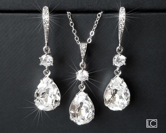 زفاف - Crystal Bridal Jewelry Set, Swarovski Crystal Earring&Necklace Set, Clear Rhinestone Silver Jewelry Wedding Set, Bridesmaids Bridal Jewelry