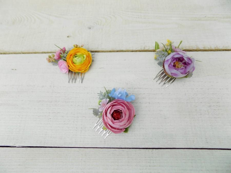 Hochzeit - Bridal hair comb slide pink purple small flower hair accessories boho rustic wedding gift for women wildflower meadow headpiece flower comb