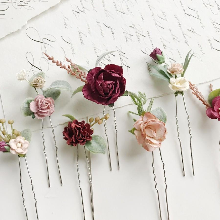 Свадьба - Floral hair pins, Fall hair pins, Burgundy flower headpiece, Maroon flower hair pins, Winter deep red hair pins, Fall wedding