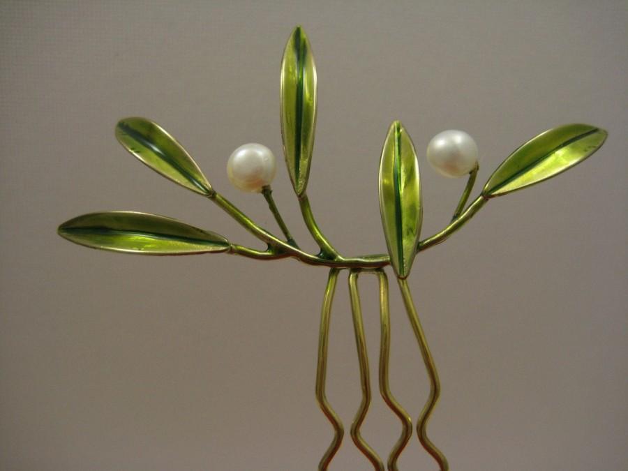 Mariage - Bronze enamelled Pearl leaf branch hair comb