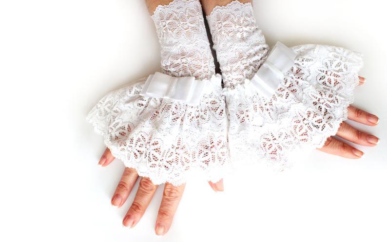 Wedding - White victorian lace cuff bracelet, corset arm warmers laced up, ruffled lace steampunk white lace gloves, pirate dark rococo gothic