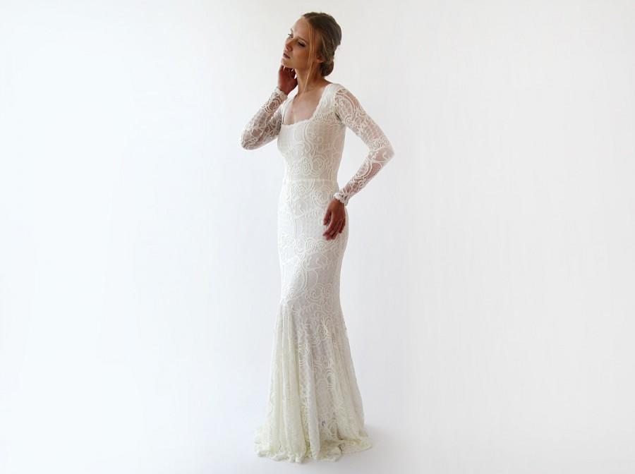 Hochzeit - Mermaid lace wedding dress with square neckline , vintage inspired ,bohemian wedding dress, Ivory lace long sleeves dress 1245