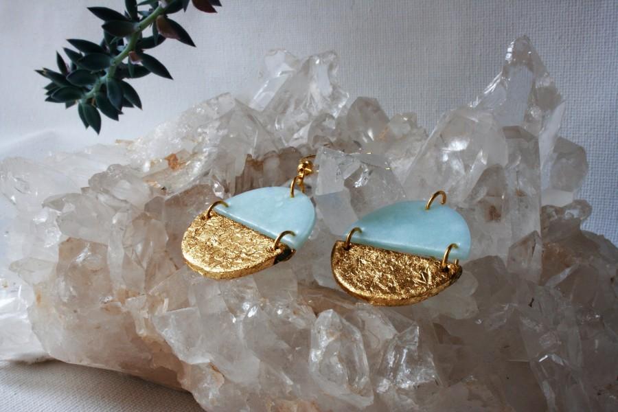 Hochzeit - Ice blue Statement earrings, Large geometric earrings, Modern boho earrings, Round clay earrings, Girlfriend gift, Half circle earrings gold