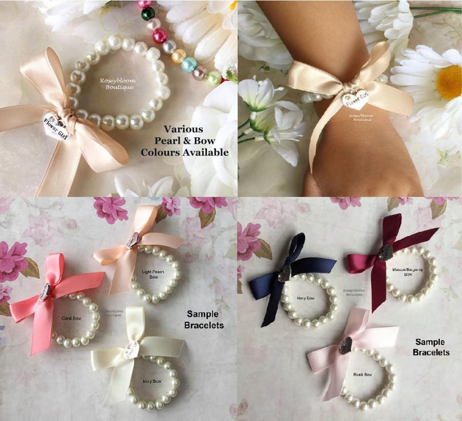 Hochzeit - Flower Girl Bracelet-Flower Girl Gift-Girl Bracelet-Flower Girl Jewelry-Girl Bow Bracelet-Junior Bridesmaid-Glass Pearl Bow Girl Bracelet