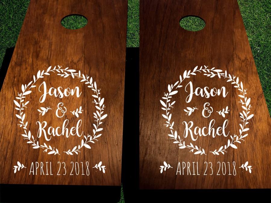 Hochzeit - Custom wedding cornhole decals with names and date.  Corn hole decals are great for adding personalization to your wedding cornhole boards.