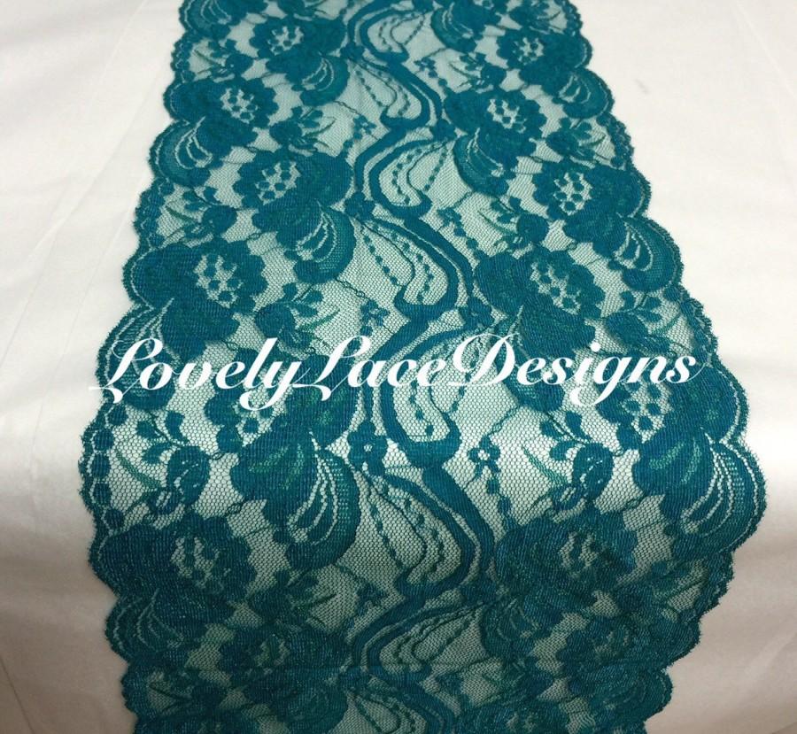 Свадьба - Teal/Green Lace Table Runner/7" wide x 30ft long/Wedding Decor/PEACOCK weddings//Overlay/Tabletop Decor/Ends not Sewn