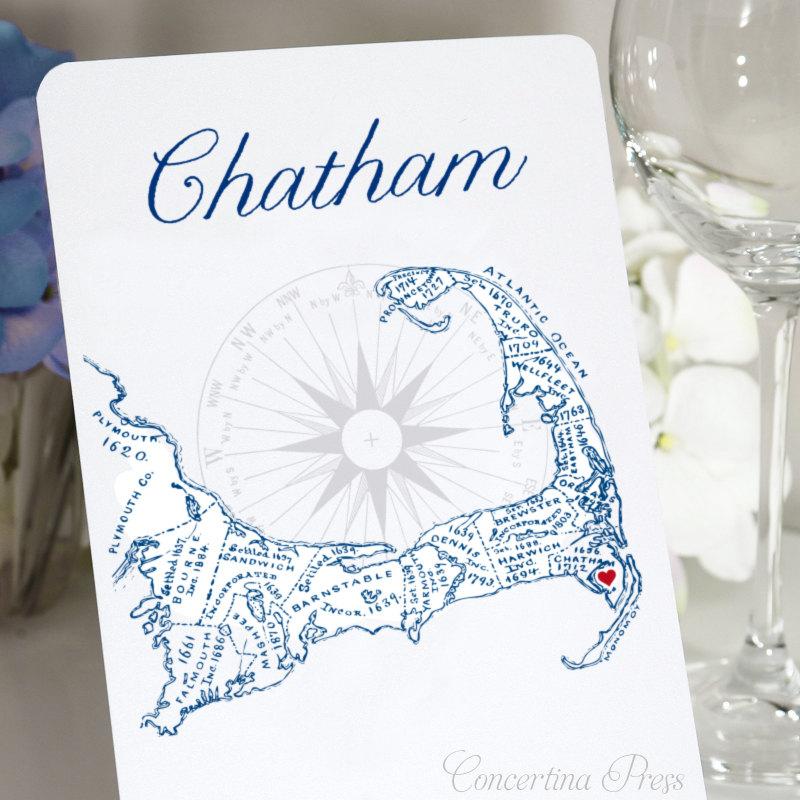 Wedding - Cape Cod Table Numbers, Cape Cod Map Table Cards, Cape Cod Town Table Signs, 25+ Towns available, Please list town names in Notes to Seller