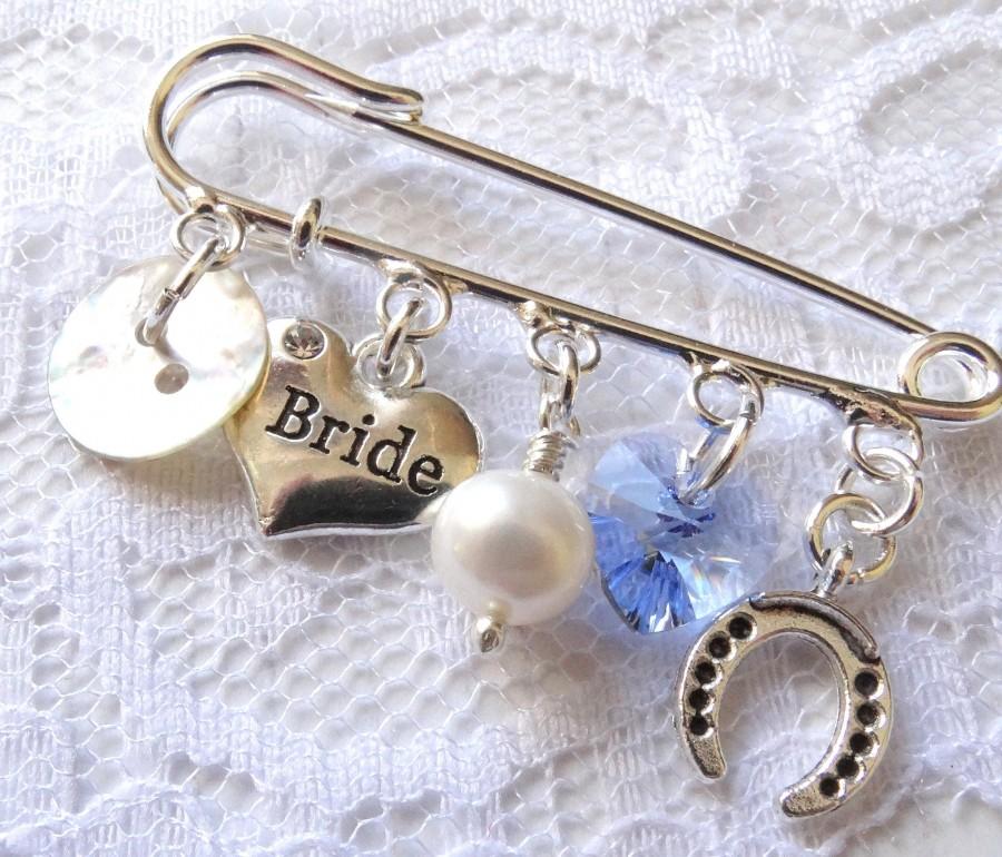 Свадьба - Something Old Something New Something Borrowed Something Blue Wedding Bridal Gift for Bride LuckyCharm Keepsake Pin/Brooch Swarovski Element