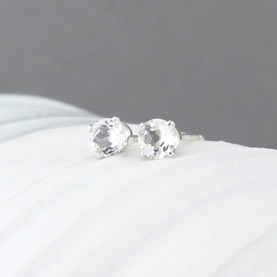 Свадьба - White Topaz Stud Earrings Tiny Stud Earrings Silver Stud Earrings Gemstone Post Earrings Wife Gift Valentines Day Gift for Her