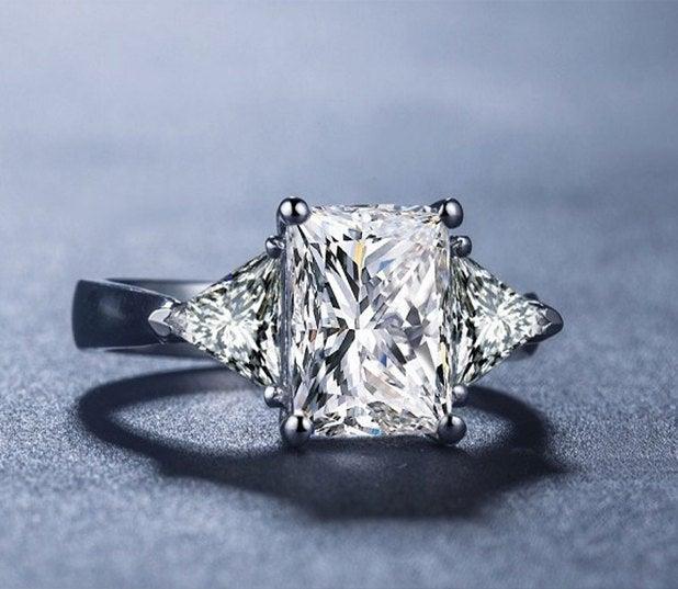 Hochzeit - Rings - Diamond Simulated Engagement Ring, 2.5 cushion cut Simulated Promise Ring, Promise Ring For Women, Custom Made Ring, 3 Stone Ring