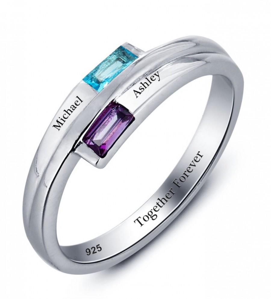 زفاف - Engraved Promise Ring Couples Birthstone Ring Sterling Silver Split Band Personalized Ring