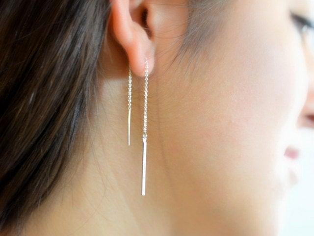 زفاف - Square bar threaders, Threader Earrings, Ear thread dangles, Pull-through earring, 925 silver, Chain thread earrings, Chain dangle earrings