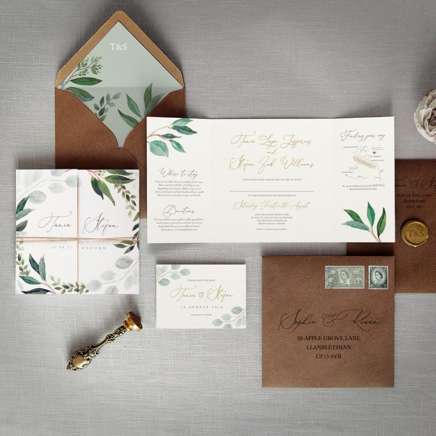 Mariage - Cyprus - Luxury Folding Wedding Invitations & Save the Date. Rustic twine, Eucalyptus greenery wedding invites, green wedding invitation set