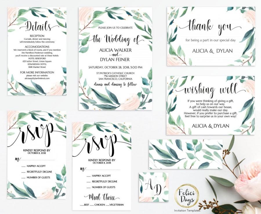 Hochzeit - Floral Wedding Invitation Template Printable, Greenery Wedding Invitation Suite Editable, DIY Floral Wedding Set, TEMPLETT FL520