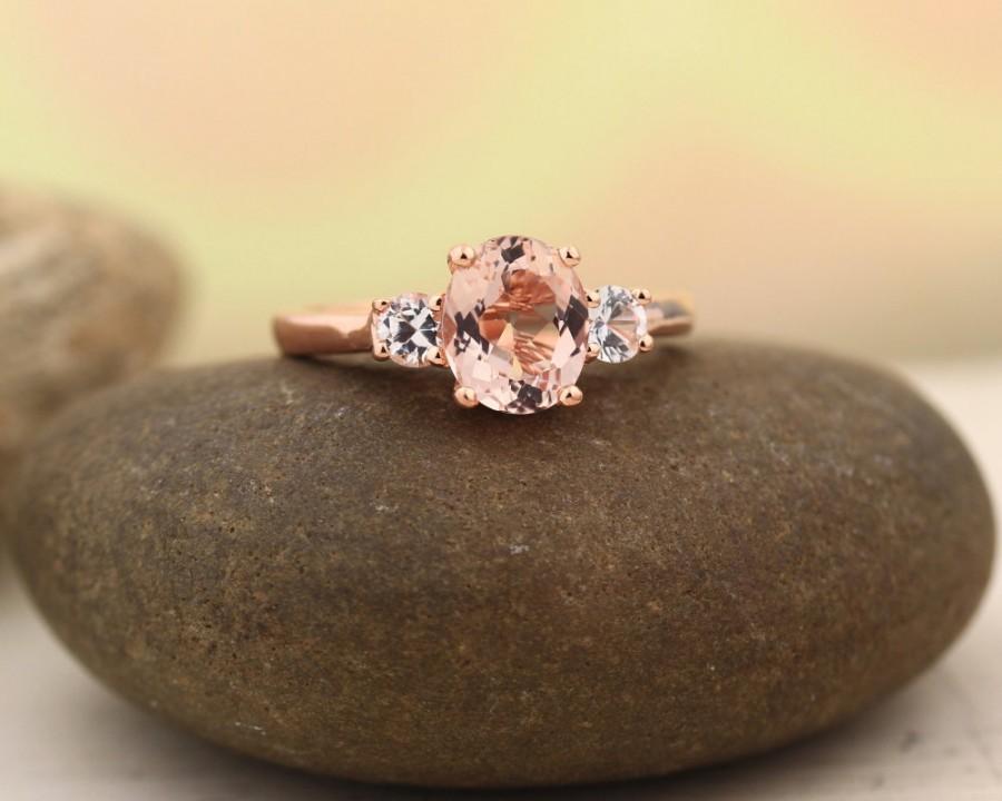 زفاف - Morganite white sapphire  Solid 14K Rose Gold  engagement Ring Gem1389