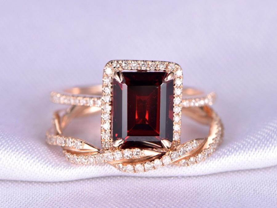 زفاف - Garnet Ring Set Emerald Cut Garnet Engagement Ring 7x9mm Main Stone Twisted Full Eternity Diamond Wedding Ring Diamond 14K Rose Gold