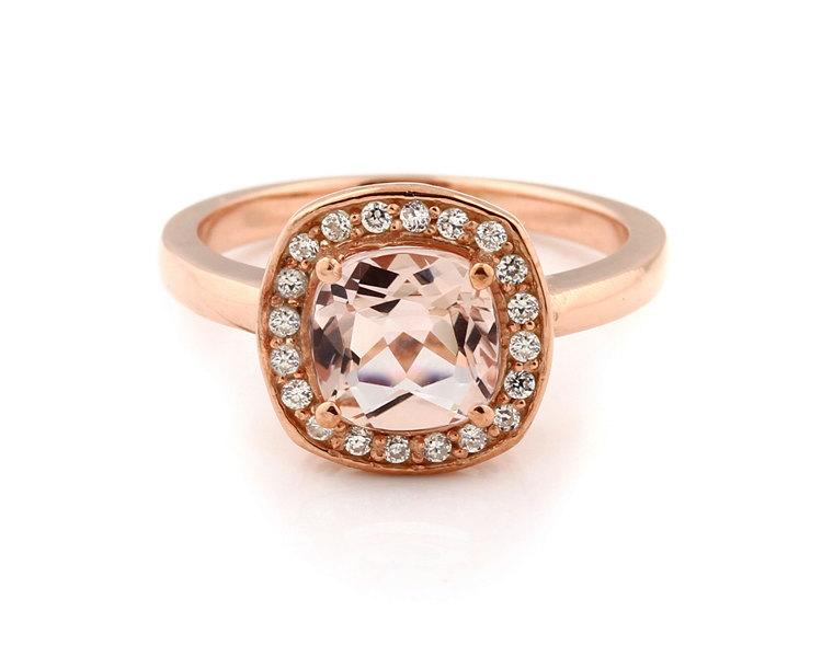 Mariage - 7mm Antique Cushion cut  1.55 ct  Natural  Morganite Solid 14K Rose  Gold Diamond Engagement Ring - Gem911- ON SALE