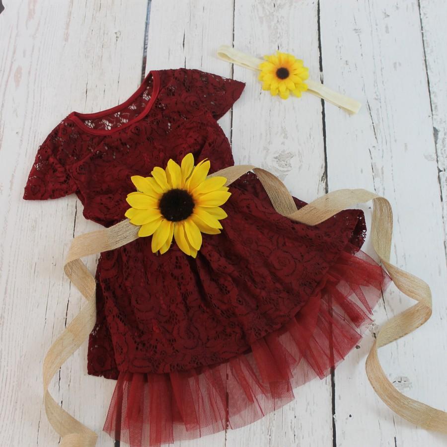 Wedding - Burgundy Flower Girl Dress Sunflower Flower Girl Dress  Rustic Flower Girl Dress Country Flower Girl Dress
