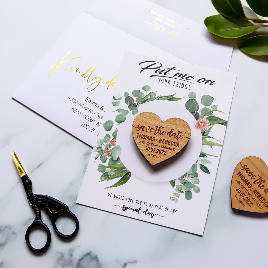 زفاف - Save the Date Magnet + Cards, rustic wedding wood heart with unique funny message option, custom save the dates idea with Envelope Botanical