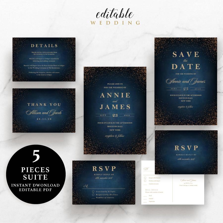 Mariage - Navy Blue and Gold Sparkling Wedding Suite, Invitation, Save the Date, RSVP, Thank You Card, Details Card,Instant Download Printable,EWSU015