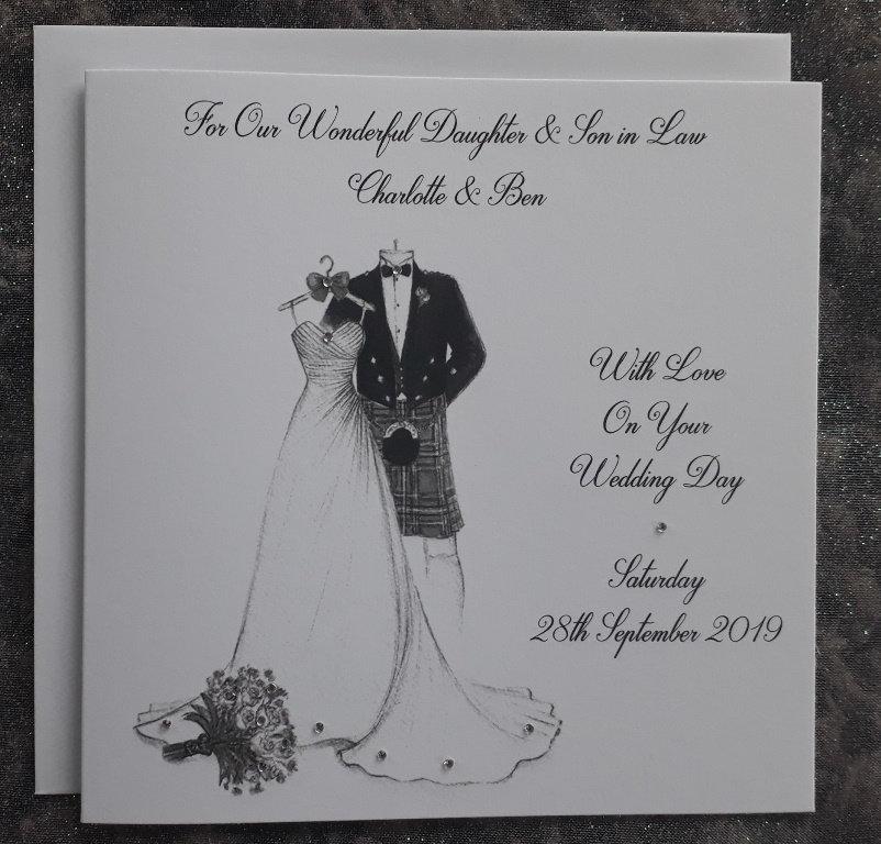 Mariage - Handmade Personalised 6" Square Wedding Congratulations Card Hand Drawn Design - Groom in Kilt (C864)
